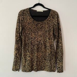 Peruvian Connection Black Brown Floral Long Sleeve Shirt Women's size Small